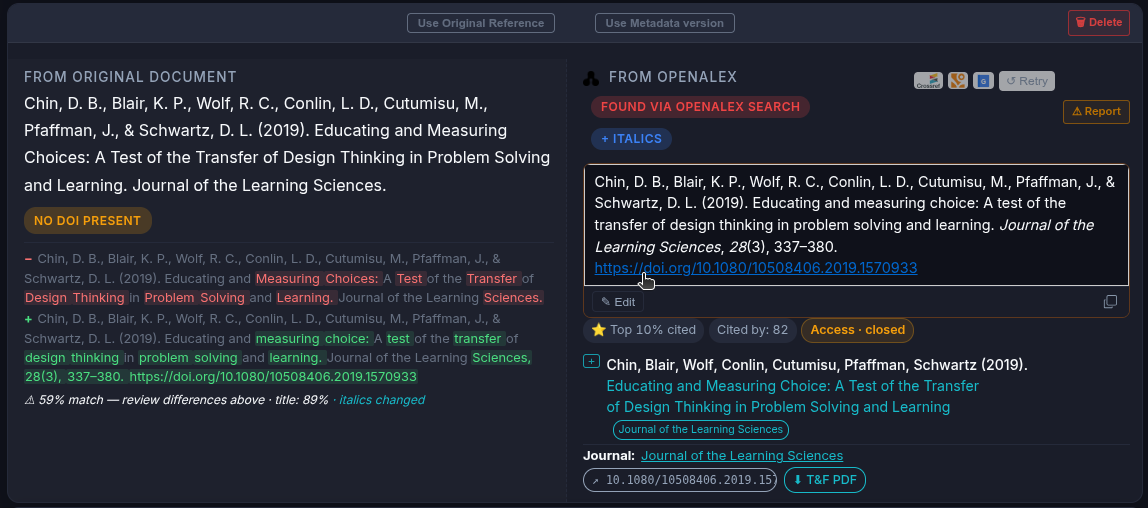 RefRunner finding a reference with no DOI via OpenAlex, with title differences highlighted and a match score