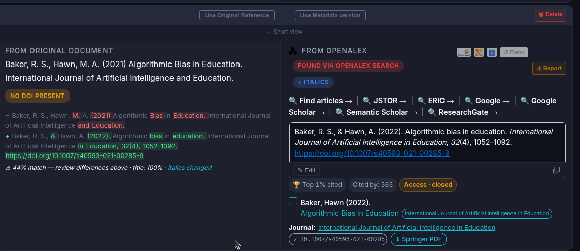 RefRunner finding a reference via OpenAlex, correcting the year and adding volume, issue, and page numbers from the published version
