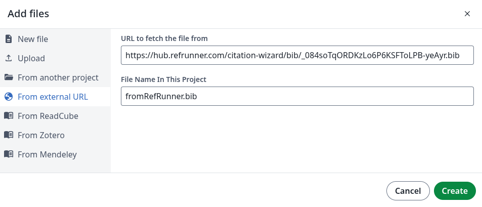 Overleaf's Add files dialog with From external URL selected, the RefRunner link pasted in, and a file name ending in .bib