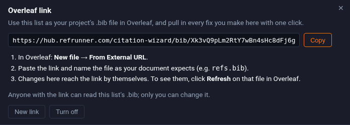 RefRunner's Overleaf link panel: the list's .bib link with a Copy button, and three steps for adding it to Overleaf